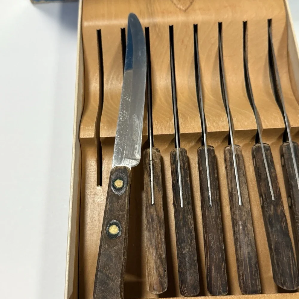 Ekco Flint Steakster Set 7 Steak Knives Stainless Vanadium Wood Holder Orig Box
